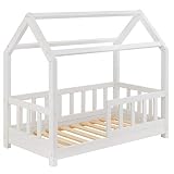 Riverbank Kinderbett 70x140 mit Rausfallschutz - Kinder Hausbett aus Kiefer Holz mit Rollrost | Stabiles Haus Bett für Mädchen & Jungen | 70 x 140 cm Jugendbett Massivholz Weiß