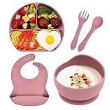 Hoseay Baby Geschirrset 5 Stücke Silikon Kindergeschirr Set Rutschfest Kinderteller mit Saugnapf Schüssel Lätzchen Löffel Gabel BPA Frei Baby Essen Set für Kleinkinder Mädchen, Rosa