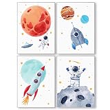 Pandawal Kinderzimmer Bilder für Junge und Mädchen Weltraum/Astronaut/Planeten Deko 4er Poster Set (S2) für Kinder Wandbilder im DIN a4 Format Kinderposter
