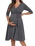 KOJOOIN Damen Umstandskleid Schwangerschafts Kleid für Schwangere Stillkleid V-Ausschnitt Langarm mit Taillengürtel（Verpackung MEHRWEG）