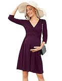 KOJOOIN Damen Umstandskleid V-Ausschnitt Stillkleid 3/4 Ärmel Knielang Falten Schwangerschaftskleid Burgundy(3/4 Ärmel) S