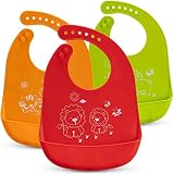 Baby-Lätzchen - 3er-Pack Silikon-Lätzchen - Lätzchen mit Auffangschale für Babys - 7 verstellbare Größen - Maschinenwaschbar - Niedliches Tierdesign und pulsierende Farbenmit auffangschale Halstuch