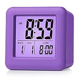 Plumeet digitaler Reisewecker, einfach einzustellen, mit Schlummermodus, weichem Nachtlicht, großem Zeit-, Monats-, Datums- und Alarm-Display, ansteigendem Soundalarm & Handgerät-Größe, Kinder (Lila)