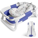 Baby Badewanne Faltbare Babybadewanne Kinder, Neugeborene Baby-Plastikbadewanne mit faltbaren Anti-Rutsch-Beinen Zusammenklappbare Badewanne für das Baden von Kleinkindern | Blau und Weiß