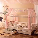 Alcube® Hausbett 90x200 mit Rausfallschutz, Bettkasten & Lattenrost - Kinderbett mit Zwei Schubladen für Jungen & Mädchen - Kinder Haus Bett aus Kiefer Holz Jugendbett Massivholz Weiß