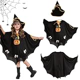 Kaiyingxin Halloween Kostüm Kinder, Halloween Schwarz Fledermaus Umhang mit Hut Mädchen, für Halloween, Fasching, Karneval, Bühnenperformance, Themenparty, Geeignet für Höhe 90-150cm