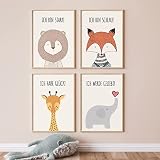 Kackspecht Eummel® Tierische Affirmationsbilder | 4er Set Kundstdruck Bilder | Dschungel Tiere und Motivationssprüche für Kinderzimmer & Babyzimmer | A4 Kinder Deko Poster Jungen und Mädchen