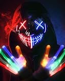 Horror LED Halloween Maske Totenkopf Handschuhe Kostüm Herren, leuchten 6 Modi LED Glühhandschuhe, LED Scream Ghostface, Kinder Jungen Teenager-Blau＆ Rot