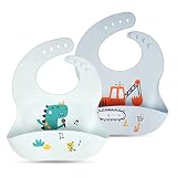 Vicloon Silikon Baby Lätzchen,2 Stück Baby Lätzchen mit Auffangschale,BPA Frei,Einfache Reinigung,Wasserdicht Silikon-lätzchen für Jungen Mädchen Blau+Grün