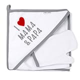 Baby Sweets® 2er Baby Wasch Set Baby Badetuch mit Kapuze & Baby Waschlappen / Baby Handtuch mit Kapuze im Motiv I Love Mama & Papa / Kapuzenhandtuch Baby mit Waschhandschuh Neugeborene & Kleinkinder