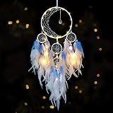 LOMOHOO Traumfänger mit Licht Handgemachter Halbkreis Mond Dekor Blaue und weiße Feder LED-Lichterketten von Baby Kinder Schlafzimmer Dekoration Hochzeitsfeier Ornament Geschenk Kinderzimmer