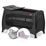hauck Baby Reisebett Play n Relax Center Set mit Komfort Matratze und Insektenschutz - Babyreisebett mit Neugeborenen Einsatz, Wickelauflage und Tasche (höhenverstellbar & faltbar) - Melange Schwarz