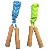 Homello Verstellbare Springseil für Kinder, Springen Seil mit Holzgriff und Baumwollseil, ideal für Fitness Training/Spiel/Fett Brennen Übung - 260cm (Grün + Blau, 2 Stück)