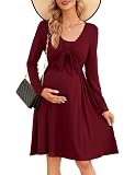 Clearlove Umstandskleid Langarm Stillkleid Schwangere Kleider Schwangerschaftskleid Umstandsmode mit Taschen Weinrot XL