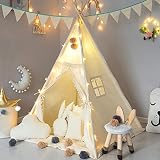 TreeBud Kinder Tipi Zelt mit gepolsterter Matte, Banner, Wollknäuel, Tragetasche, Beige Baumwolle Leinwand Spielzelt für Kinder mit Quasten und Spitze, Spielhaus für Kinderzimmer Dekor