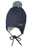 Sterntaler Strickmütze aus Baumwolle (Bio) - warme Mütze mit angestrickten Ohrenklappen, praktischen Bindebänder und Bommel - gefüttert mit Baumwollfleece - Marine, Größe 51