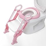 GRANDMA SHARK Kinder Toilettensitz Toilettentrainer mit Treppe, Kindertoilette Faltbar Töpfchentrainer WC-Trainingsgerät für Kinder mit Kissen und Stabilen Rutschfesten Pedalen (Rosa)