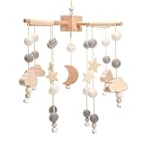 Promise Babe Mobile Baby Holz Windspiel mit Filzbällen Mond Sterne Babyzimmer Holz Gehäkelt Mobile Baby Neugeborene Junge Mädchen Bettglocke Anhänger zum Aufhängen Babybett Wickeltisch Deko Star Moon