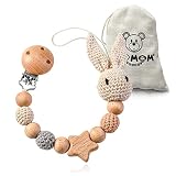 ARTESTAR Schnullerkette HäKeln Hase Nuckelkette Baby Schnullerkette Mädchen und Junge Schnullerkette Holz Schnullerketten Holzperlen Häkelperlen Holzclip Schnuller Kette (Grau-1)