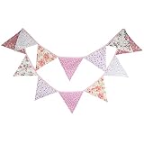 3.3M Doppelseitig Girlande Stoff Wimpel, Bunte Baumwolle Wimpelkette mit 12stk Wimpeln Stoff für Kinderzimmer Kindergeburtstagsfeier oder Draußen Party-Rosa und Lila
