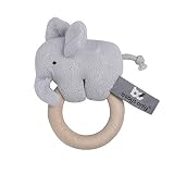 BO Baby's Only - Baby Rassel Elefant - Beißring - Babyspielzeug 0+ Monate - Aus Holz - Mit gestricktem Stofftier - Silbergrau