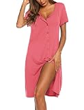 Ekouaer Damen Nachthemd Kurzarm Schlafshirt V-Neck Knopfleiste Nachtwäsche Frauen Loose fit Lange Nachtkleid