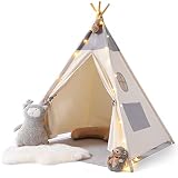 PLEKER Tipi Zelt für Kinder, Tippi Kinderzelt aus Baumwolle + Lichtkette + Matte, Kinder Zelt, Kuschelecke Kinderzimmer Spielzelt Kinder