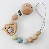 I LOVE MOM Schnullerkette mit Silikonperlen Holzperlen, Baby Schnullerkette Junge Mädchen Häkelperlen Schnullerketten Tiere Neugeborenen Geschenk (Vogel)