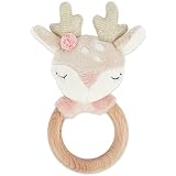 Bieco Holz Greifling Baby Rassel | Ø 8cm, Länge 15cm | Niedliche Reh Babyrassel Stoff mit Holz Ring | Baby Greifling Rassel für Junge & Mädchen | Greifling mit Reh Stoffrassel | Greifringe Baby