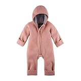 Halfen Walkanzug Baby (100% Made in Germany) - Walk Baby Overall, Babyoverall aus Walkwolle (Bio Natur Schurwolle), Walkoverall mit Kapuze, Farbe: Blush,50/56