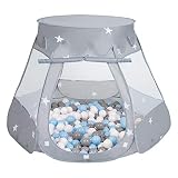 SELONIS Baby Spielzelt Mit Plastikbällen Zelt 105X90cm/600 Stück Bälle Plastikkugel Kinder, Grau:Grau/Weiß/Babyblue
