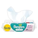 Pampers Sensitive Feuchttücher 5 Packungen mit 52 Stück - 260 Feuchttücher, ohne Duft, für eine sanfte und weiche Reinigung