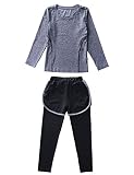 Echinodon Mädchen Sport-Set 2tlg Schnelltrockend Langarmhirt + Hose mit Shorts Trainingsanzug für Jogging Training Yoga Grau 170