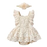 Neugeborenes Baby Mädchen Spitzen Strampler Rüschen Ärmellos Body Einteiler Prinzessin Bodysuit Tütü Tüll Kleid mit Blumen Stirnband 1. Geburtstag Outfit Taufe Fotoshooting Kostüme Aprikose 0-3 Monate
