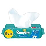 Pampers Fresh Clean Feuchttücher 5 Packungen mit 52 Stück = 260 Feuchttücher, milder Duft, auch für Hände und Gesicht geeignet