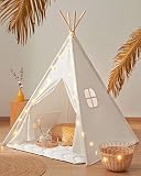Tiny Land Tipi Zelt für Kinder, Drinnen Tipi Spielzelt für Kinder mit Gepolsterter Decke & Lichterkette &Aufbewahrungstasche, Segeltuch Kinderzelt, Spielhaus Kinder für Drinnen und Draussen