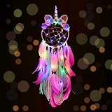 LED Traumfänger, Disdarkday Traumfänger Kinder Makramee Traumfänger Boho Bunte Feder Traumfänger Basteln Traumfänger für Mädchen Kinder Schlafzimmer Wandbehang Dekorationen - Rosa