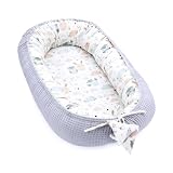 Babynest Neugeborene Nestchen Baby 90x50 cm - Kokon Handmade zweiseitig aus Baumwolle Waffel mit Babynestchen Eulen Grau