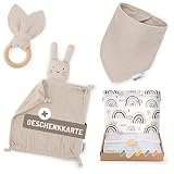 Räuberella Schmusetuch, Beißring und Lätzchen Baby Geschenk zur Geburt Junge & Mädchen Beige