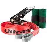 Ultrasport Slackline mit Ratsche inkl. Tragetasche, Slack Line für Anfänger, Kinder und Familien, in zwei verschidenen Größen, erhältlich mit und ohne Baumschutz, Slackline-Set, Fitness Slackline, 15m