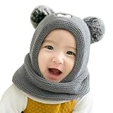 Vobozeany Baby schlupfmütze Warm Niedlich Bär Wintermütze Schalmütze Strickmütze mit Bommel Fleecefutter Beanie Mütze