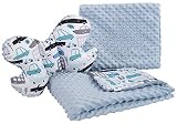 Babydecke Krabbeldecke Set 3in1 100% Baumwolle Minky Kinderdecke 55x75 + 35x30cm flaches Kissen und Anti-Schock-Kissen Schmetterling Medi Partners (Autos mit hellblauem Minky)
