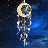 icyant Waldtürkis-Traumfänger, handgefertigte LED-Mond-Traumfänger, Waldtürkis-Holzperlen, weiße Feder, Mond-Traumfänger für Wandbehang, Schlafzimmer, Kinder, Heimtextilien, Kunstornament.