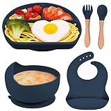 Delven Baby Geschirrset mit Saugnapf, 5 Stück Kinderbesteck Babyteller mit Unterteilung Silikon Lätzchen Schüssel Babylöffel Gabel Kindergeschirr Set BPA Frei Kinderteller Set für Kleinkinder,Blau