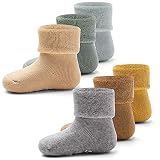 Aisyee 6 Paare Babysocken Warme Baby Jungen Dicke Wintersocken abs socken Einfarbig Socken Baby Antirutsch Socken 12-18 24 Monate