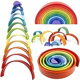 Lewo 12 STK Regenbogenstapler aus Holz Riesen Nesting Puzzle Stapelspiel Holz Montessori Spielzeug Bogenbausteine Lernspielzeug für Kleinkinder Kinder Baby Jungen Mädchen