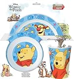 p:os 33543088 - Winnie Pooh Frühstücksset, 3-teiliges Geschirrset mit Teller, Schüssel und Trinkbecher, Kindergeschirr aus Kunststoff, spülmaschinen-/mikrowellengeeignet