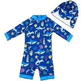 upandfast Baby Badeanzug mit Sonnenhut UPF 50+ Badebekleidung für Baby Mädchen/Jungen (Hai, 6-9 Monate)