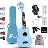 Winzz Sopran Ukulele Starter Kit für Anfänger, mit Tasche, Clip-On Tuner, zusätzlichen Saiten, Gurt, Plektron, Griffbrettaufkleber, Akkord-Karte, Poliertuch, Blau