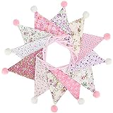 G2PLUS Blumen Wimpelkette mit Poms: 4M Rosa Stoff Wimpel mit 12 STK Wimpeln, Floral Girlande im Schön Stil für Geburtstag, Kinderzimmer, Prinzessinnenzimmer, Party